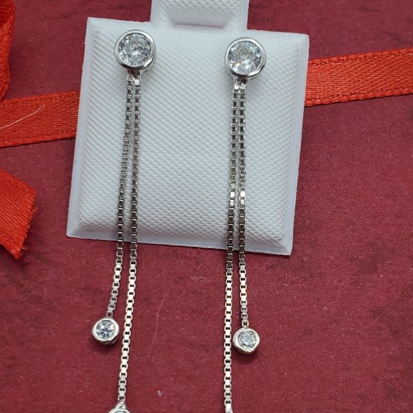Silver 925 Dangling Box Chain with CZ Earrings - Picture 2 of 10